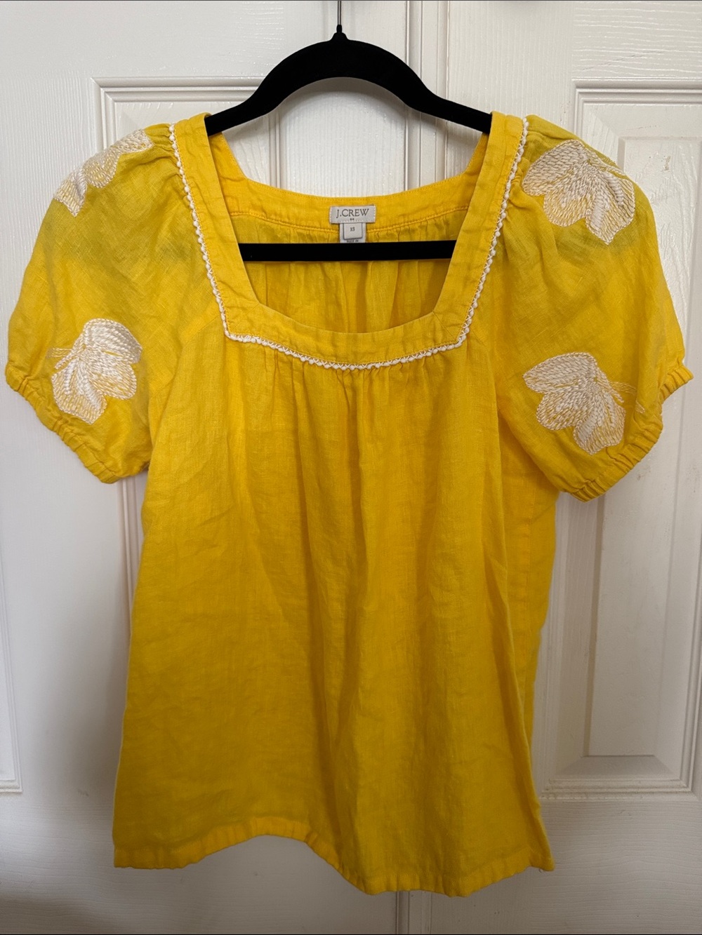 J. Crew Bright Yellow Linen Square-Neck Embroidered Peasant Blouse